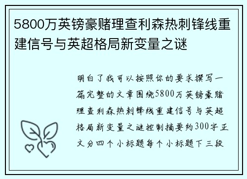 5800万英镑豪赌理查利森热刺锋线重建信号与英超格局新变量之谜 5800万英镑豪赌理查利森热刺锋线重建信号与英超格局新变量之谜