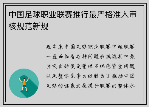 中国足球职业联赛推行最严格准入审核规范新规 中国足球职业联赛推行最严格准入审核规范新规