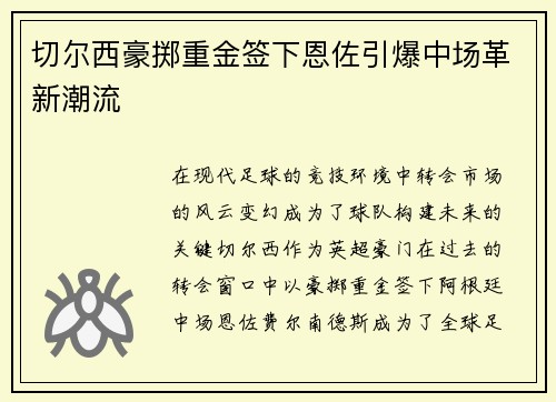 切尔西豪掷重金签下恩佐引爆中场革新潮流 切尔西豪掷重金签下恩佐引爆中场革新潮流